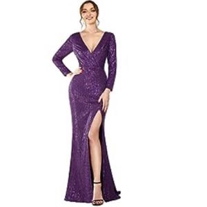 Purple sequin gown with deep V and slit